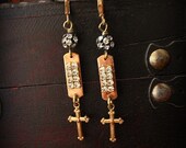 Vintage Brass ID Tag Cross Earrings