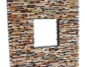 neutral colored square mirror - made with recycled magazines, brown, tan, red, green, neutral, khaki