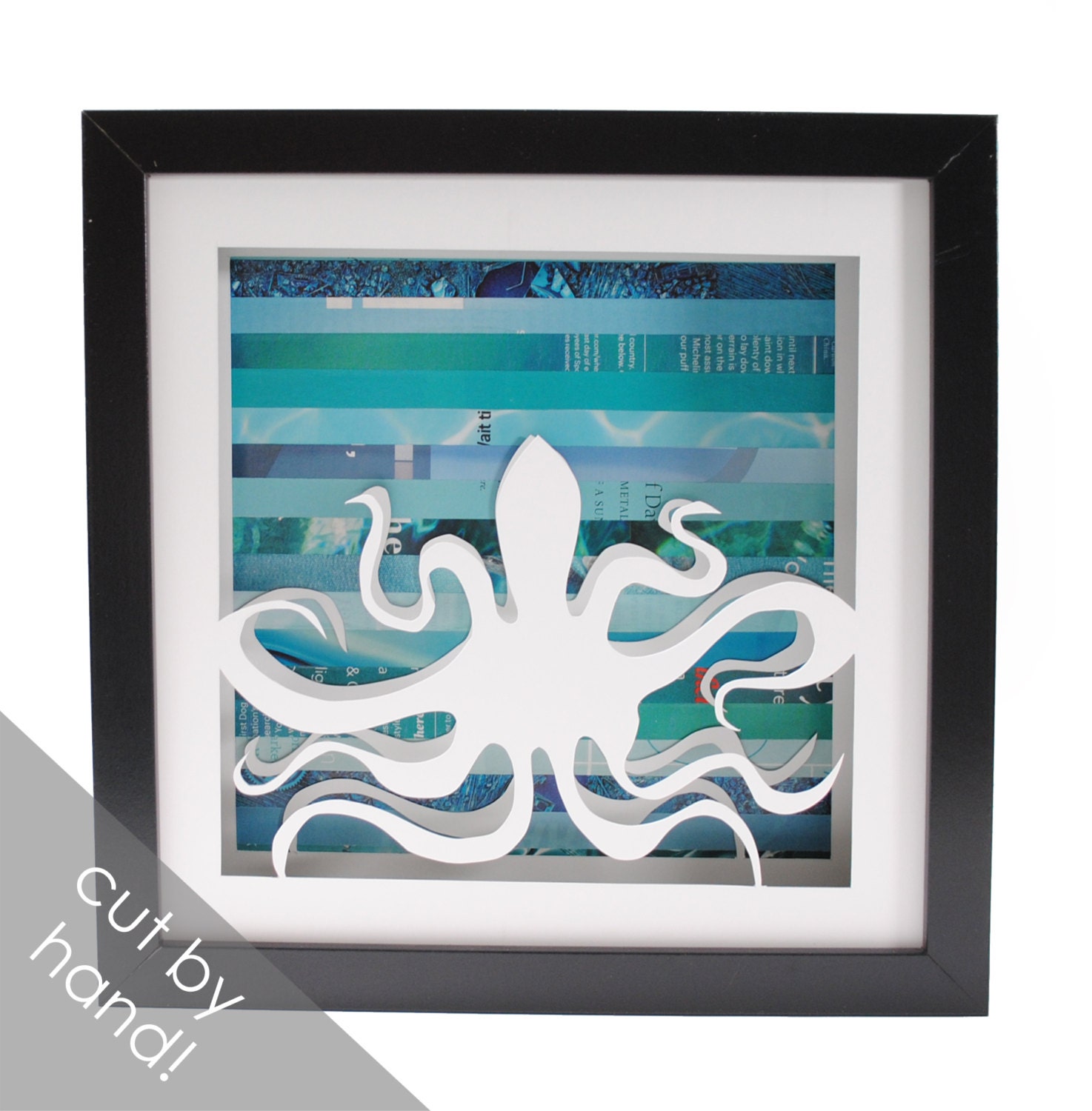 octopus- shadowbox made from recycled magazines, ocean, deep ocean, sea, coast, squid