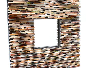 neutral colored square mirror - made with recycled magazines, brown, tan, red, green, neutral, khaki