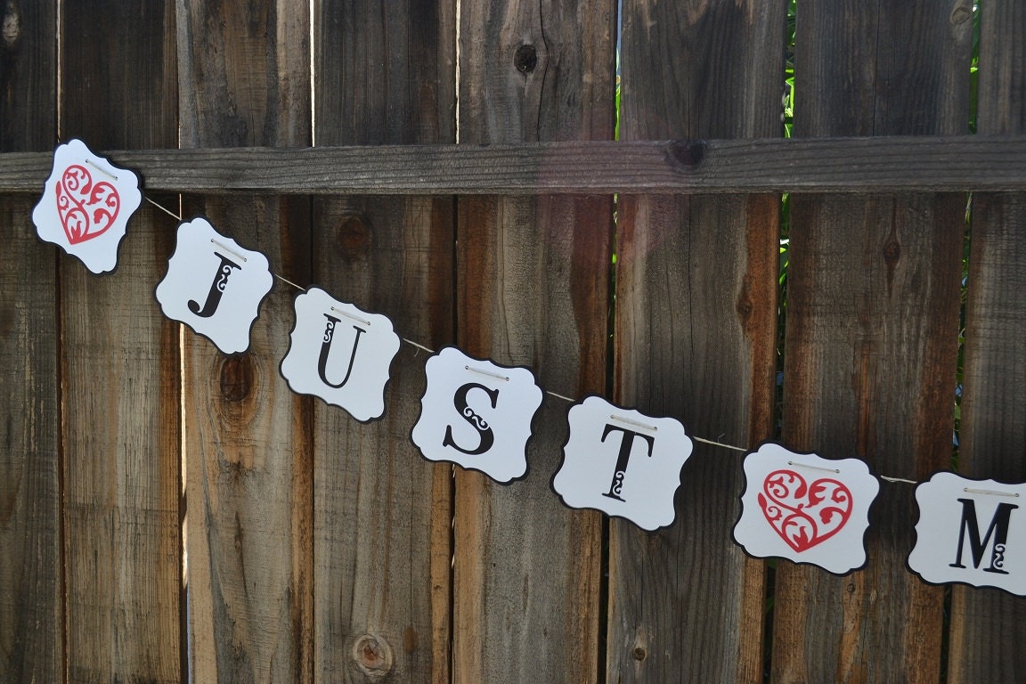 Rustic Wedding Banner JUST MARRIED Garland Banner, Vintage Look, Rustic, Photo prop,Black White Red