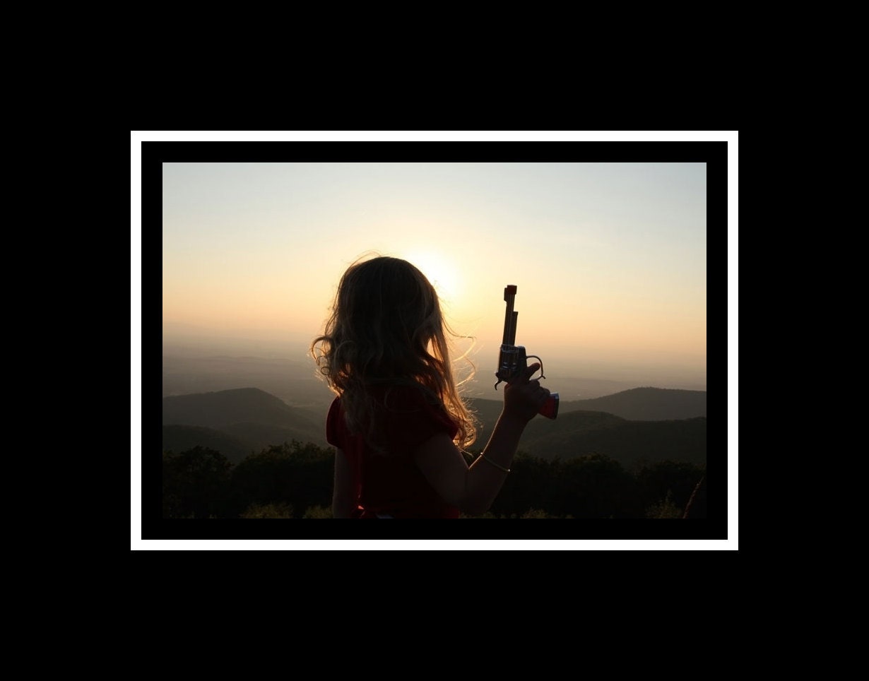 Rockabilly photograph Little Cowgirl with Pistol color print in the mountains at sunset Country Western, Indie Art