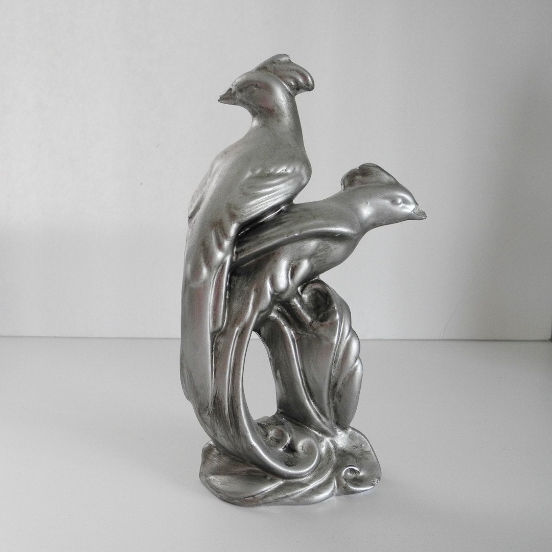 Silver Bird Figurine, upcycled vintage ceramic songbird statue decor