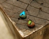 Peacock Blue and Green Chunky Czech Glass Faux Lariat  - Tail Feathers