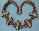 Rare unique one-of-a-kind signed all handmade vintage 1960s burned brown/ green ceramic bead necklace choker