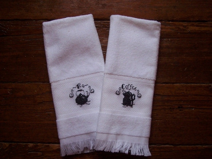 Set Of Two Decorative Cross Stitch Coffee And Tea Towels