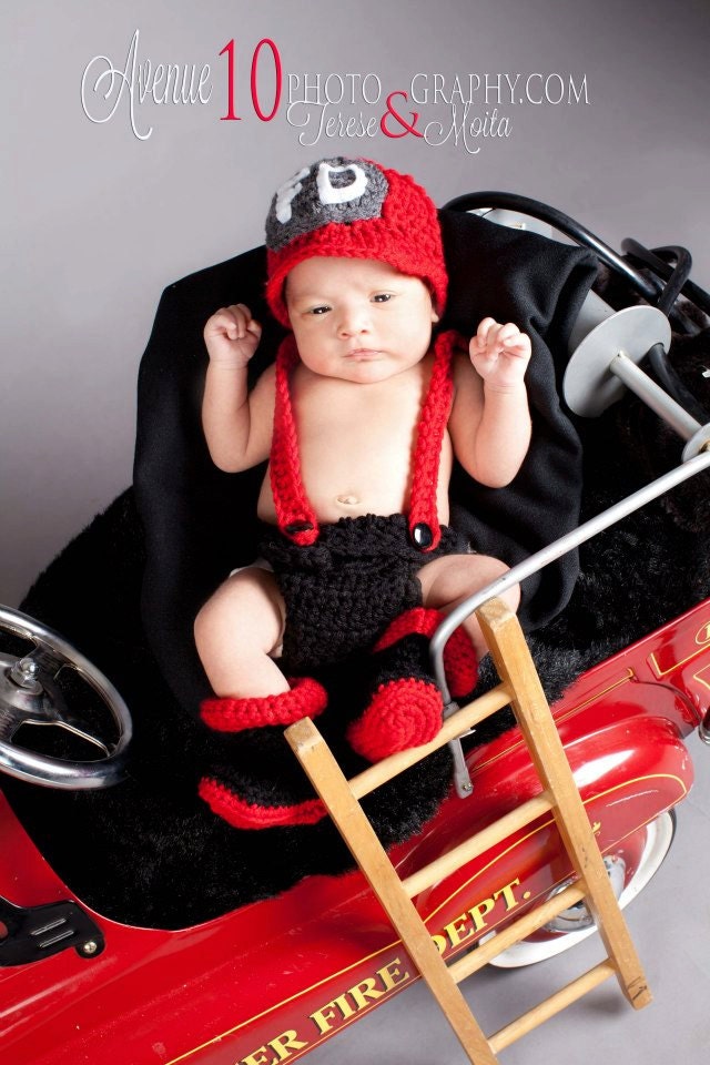 Stella Bs Fireman Trio Set, Newborn Crochet Hat Diaper Cover Suspenders and Boots, Photo Prop, SHIPS FREE in US