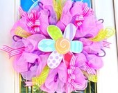 Mesh Ribbon Wreath in Purple  and Pinks with Metal Flower