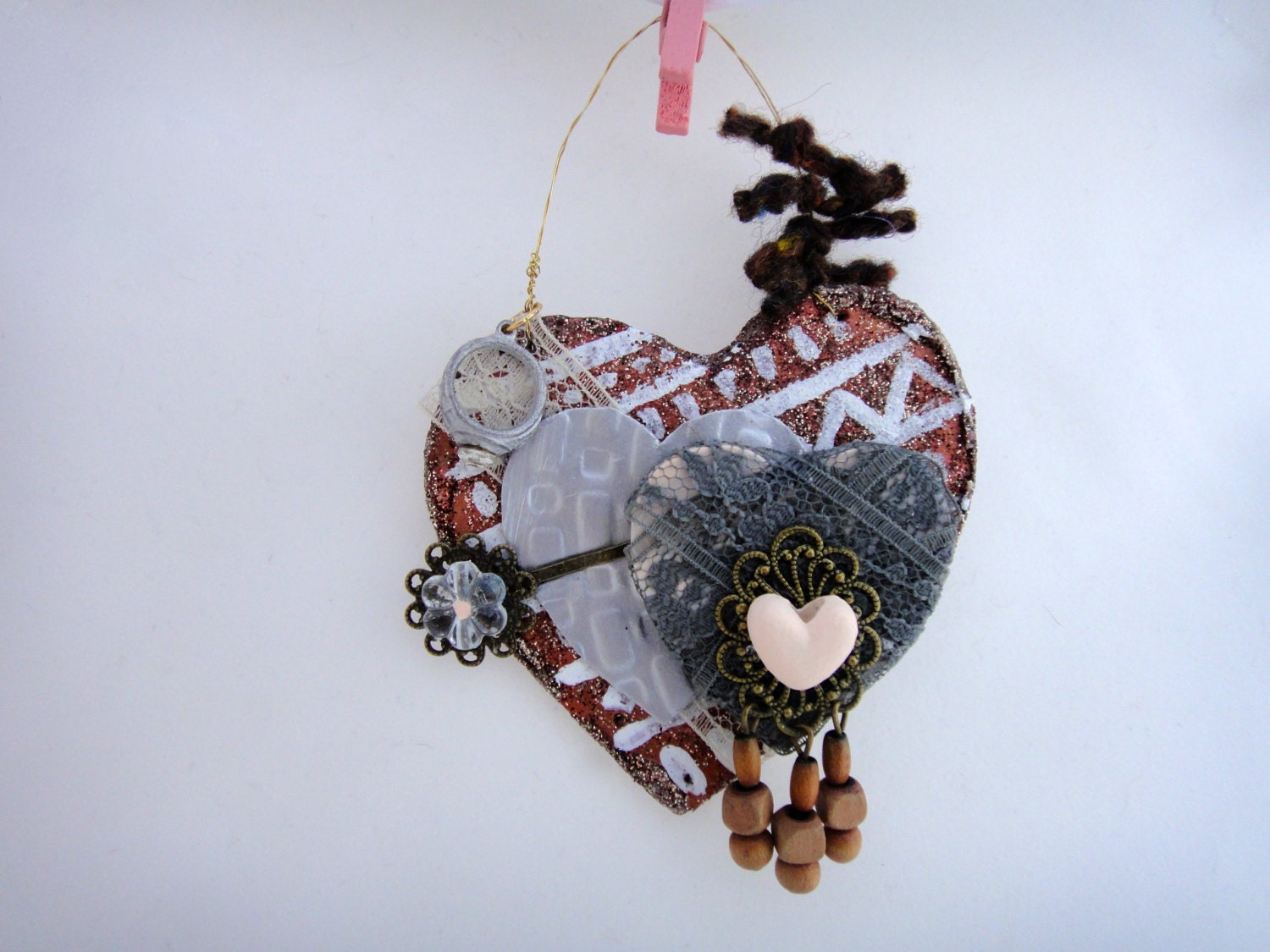 Valentine heart - folk art ornament - mixed media - handmade - recycled upcycled