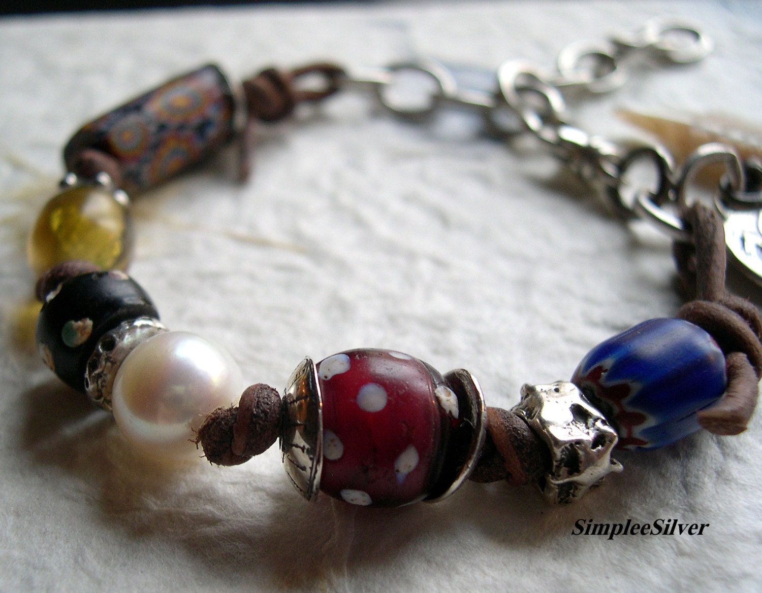 African Trade Bead Bracelet  -  Pegasus Charm Bracelet  -  Fashion Jewelry
