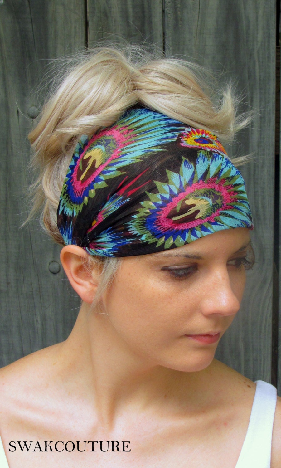 Feather Wide Headband Women's Yoga Workout Headband, Pink Blue Yellow Orange Black Feather Peacock Headband
