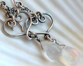 Sterling silver heart and smooth blue flash moonstone briolette dangle earrings - handmade wire wrapped jewelry