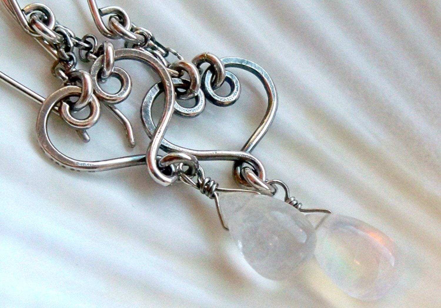 Sterling silver heart and smooth blue flash moonstone briolette dangle earrings - handmade wire wrapped jewelry