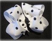 White with Black Dots Fabulous Double Layered Boutique Lush Hair Bow with Spikey Edges for Baby Toddler or Little Girl Hairbow