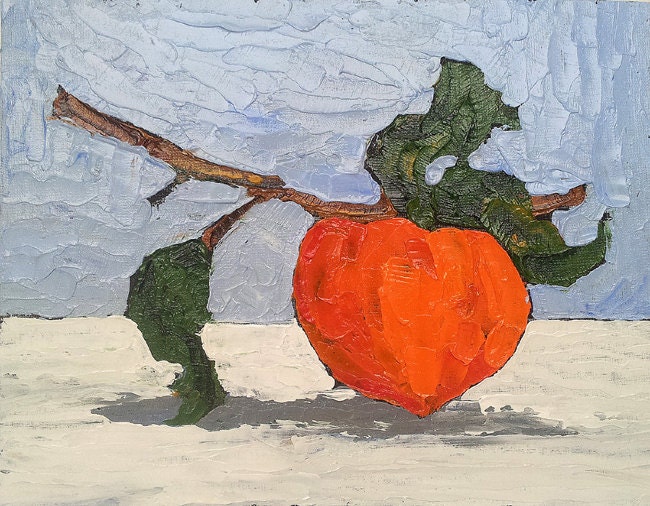 Original Oil Painting 11x14 ORANGE GARDEN PERSIMMON Lynne French Still Life Art