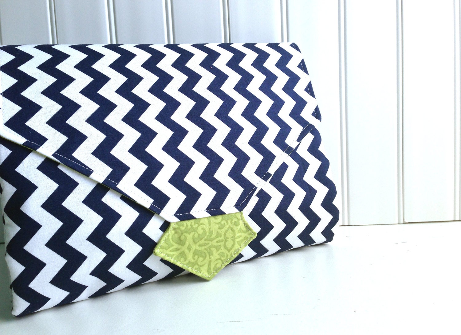 Diaper Clutch - Diaper Changing Pad Clutch - Navy Chevron and Green Lattice - Made to Order