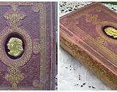 Stunning antique book, german, 1869, color illustrations, gorgeous purple covers, ornate