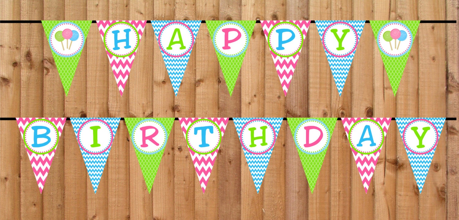 Sweet Shoppe Happy Banner - Buy 2 Get 1 FREE - DIY PRINTABLE File Personalized Party Decorations Pink Lime Turquoise
