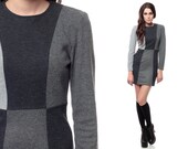 80s Color Block Dress Mini Charcoal Heather Grey Long Sleeve 1980s BODYCON Sheath Vintage Eighties Body Con Retro Fitted MiniDress Small