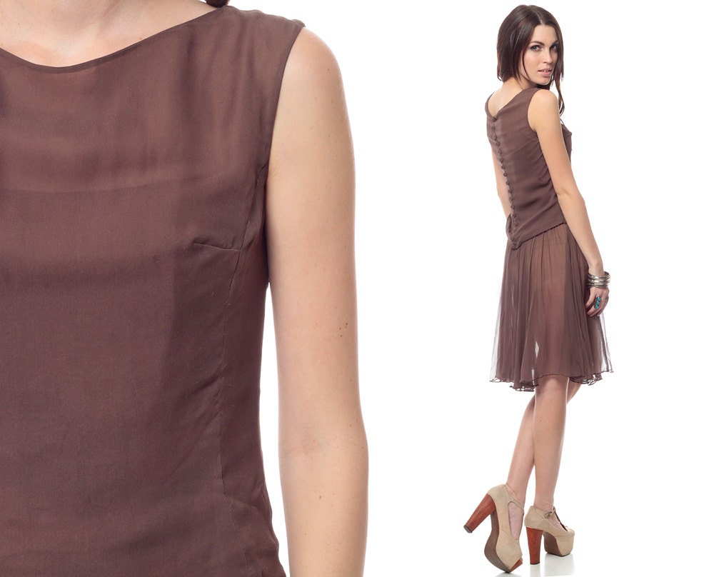 50s Pleated Dress Brown Party Sheer Low Waist 60s Vintage Mad Men 1950s Cotton Metal Zipper knee length Button Back Dress Extra Small XS