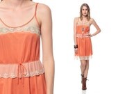Boho Lace Dress 70s Mini Sheer SCALLOPED Peplum Vintage 1970s SLIP Bohemian Spaghetti Strap High Waisted Orange Lingerie Small Medium