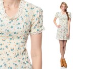 Puff Sleeve Dress 70s Babydoll Mini Floral Boho Lace Ruffle 1970s Bohemian Cream 60s Vintage Cotton Empire Waist Hippie Dress Small Medium