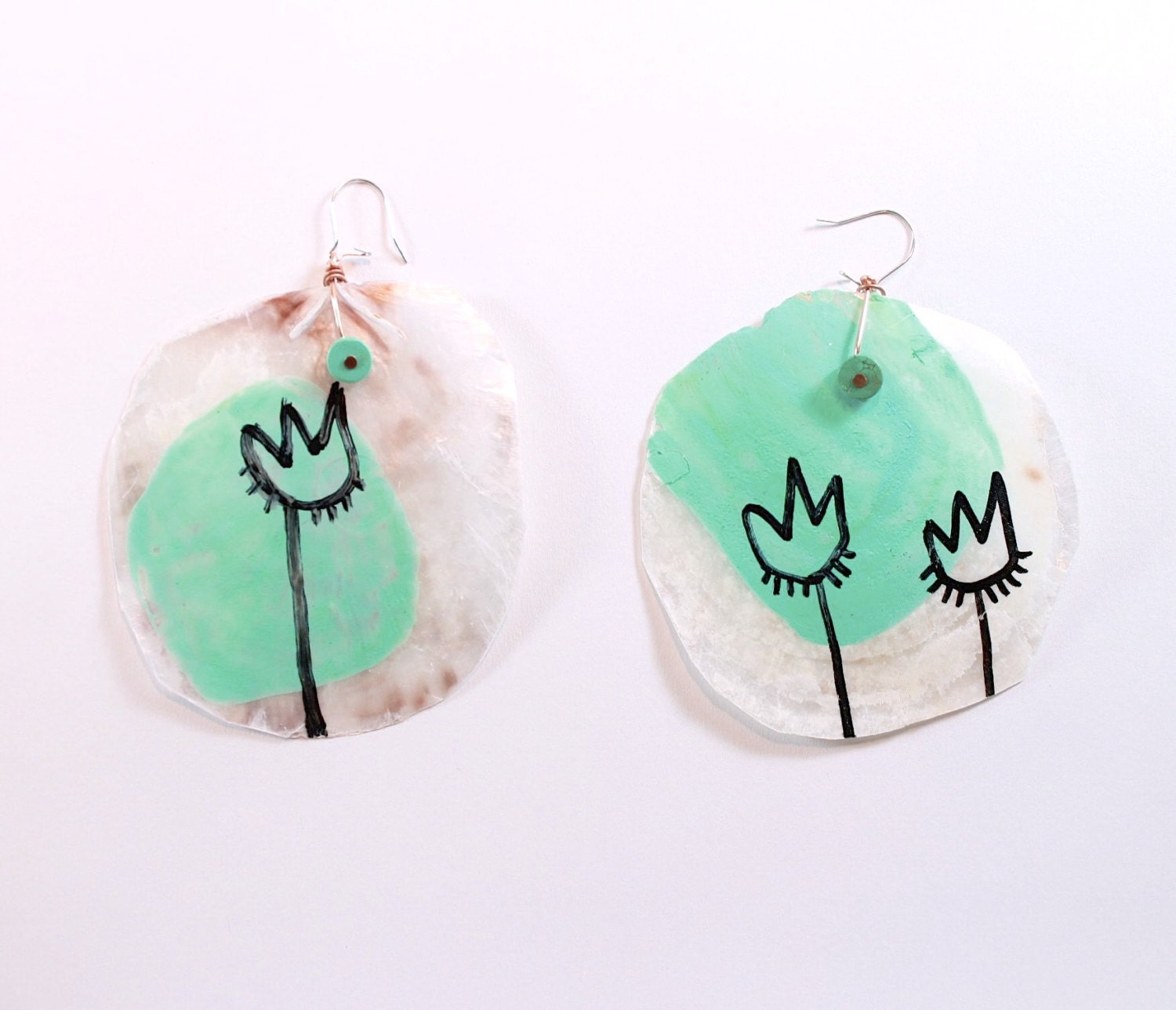 TULIP earrings, hand painted and drawn atop nacre shell discs Aqua Turquoise