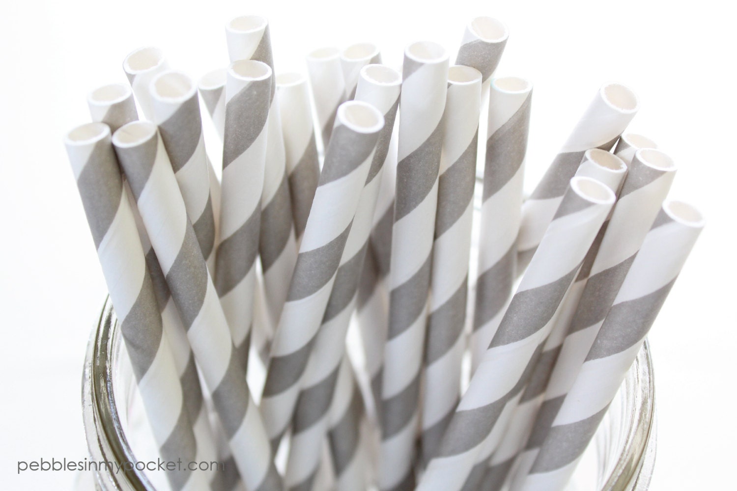 Paper Straws (50) Gray Stripe with FREE Flags