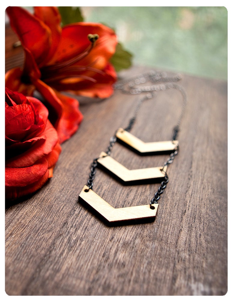 the chevron charm: a rather dapper necklace featuring three tier chevron pendant of wood and dark chain