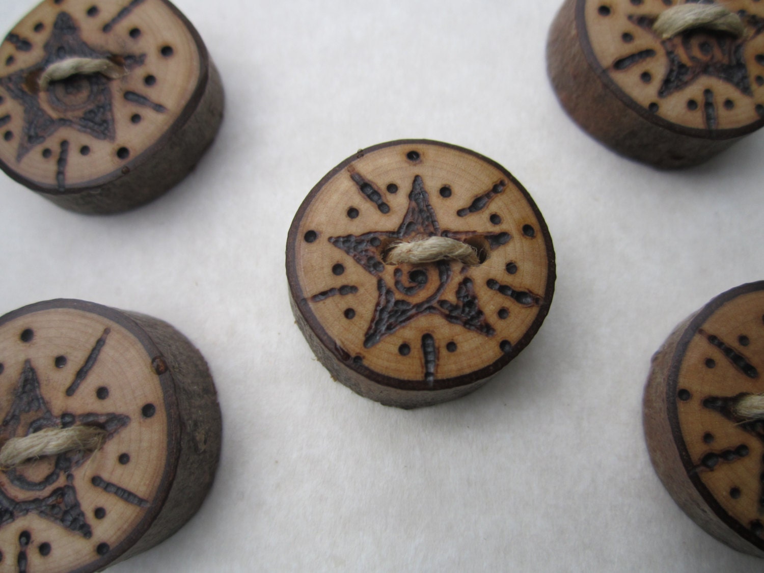 7 Wooden Star Buttons- Reclaimed Hickory Wood Buttons with Woodburned Star Bursts