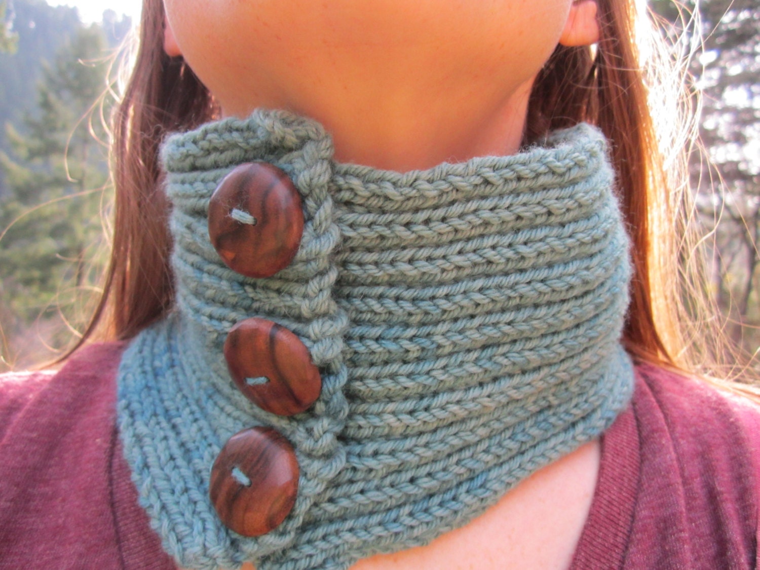 Organic Merino Cowl- Handknit Blue Organic Merino Wool Cowl with Black Walnut Buttons