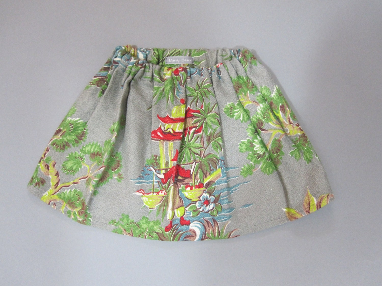 Kids barkcloth skirt, 1950s barkcloth cotton skirt, 2T, grey, red and green, children's skirt, girls clothing
