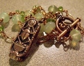 Egyptian Cartouche Necklace - Copper Scarab Pendant with Jade and Peridot
