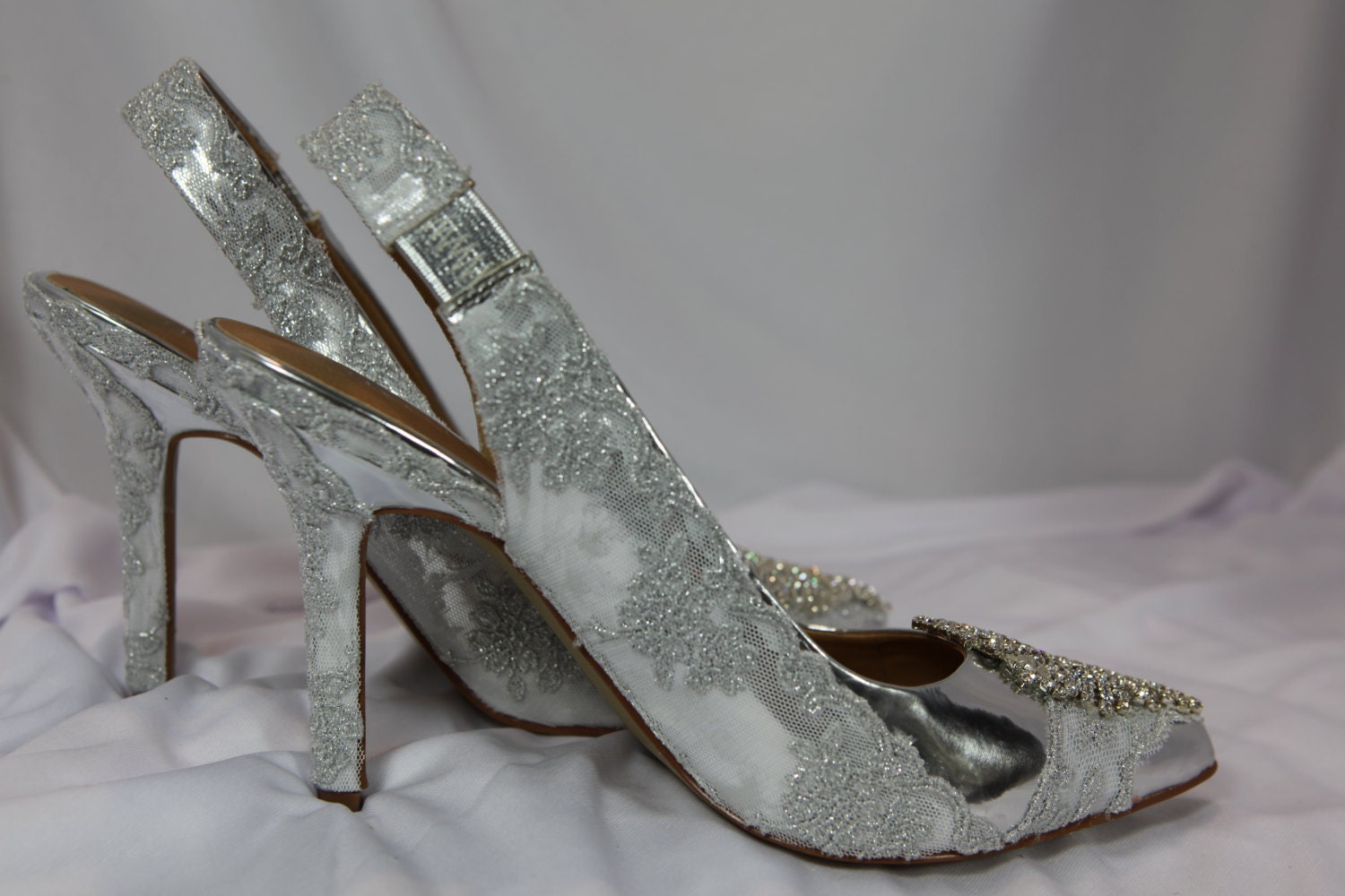 Rococo Lace Creations - SILVER Wedding  Shoes with Vintage Silver-White Lace Heel - US Size 7B
