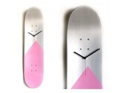 Pink and Silver Skateboard Wood Deck Clock Art  for Her Geometric Retro Dorm