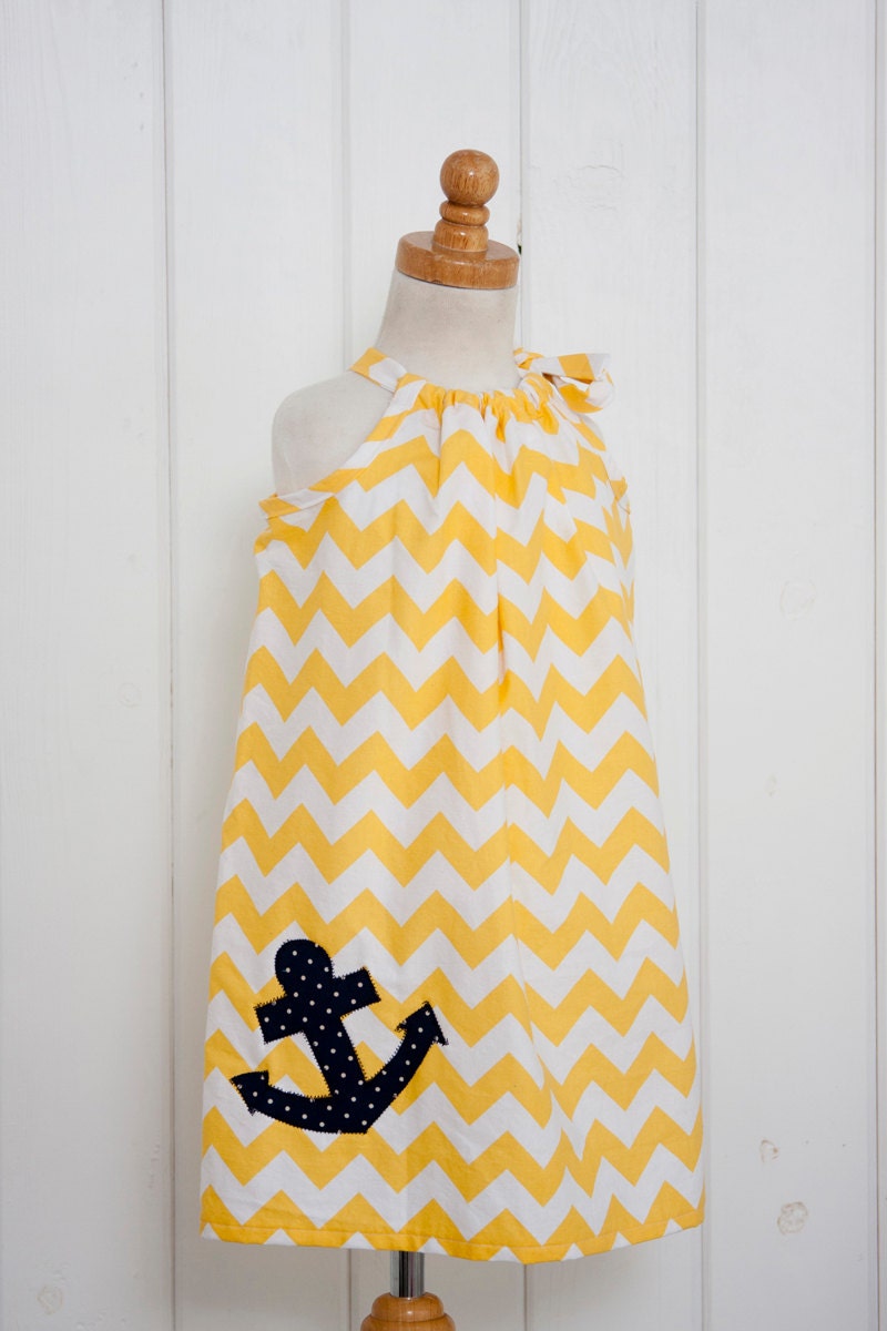 Yellow and White Chevron // Girls Dress with Navy Anchor // Spring Summer Girls Dress // Sizes 6 months through Size 8