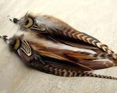 Feather Earrings - Natural Colors, Brown Striped Rooster and Pheasant Feathers - Algonquian
