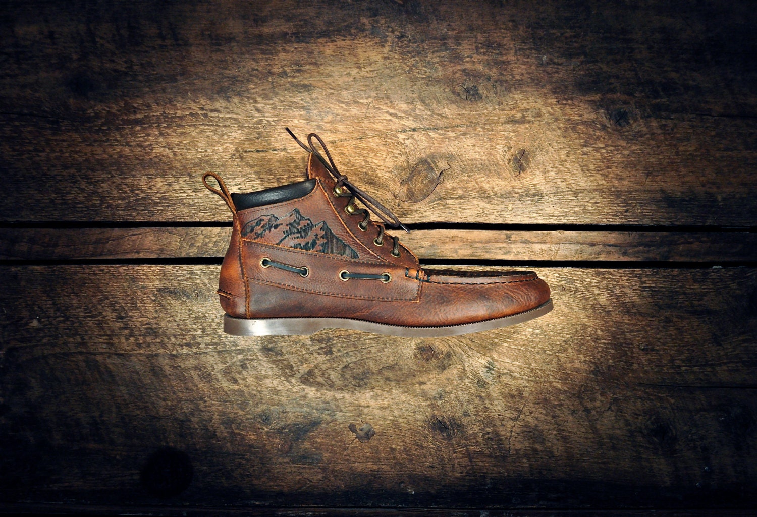 Handcrafted HIGHTOP Leather Boat Shoes - Oiled Tan Cowhide - Mountain Scape - Dark Brown Cuff - MADE to ORDER