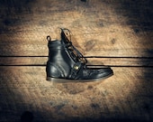 Handcrafted Leather Single Strap BOOTS - Black Perforated Lambskin - Brass Eagle Medallion - MADE to ORDER