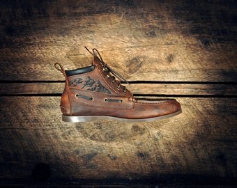 Handcrafted HIGHTOP Leather Boat Shoes - Oiled Tan Cowhide - Mountain Scape - Dark Brown Cuff - MADE to ORDER