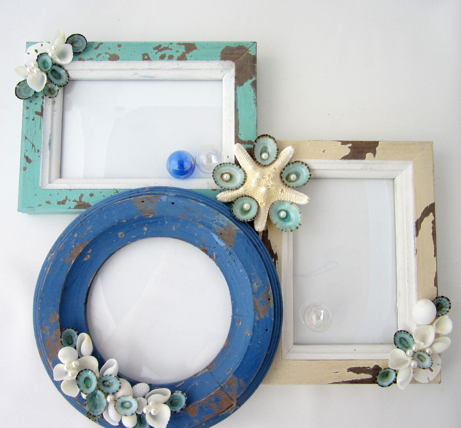 Beach Decor Seashell Collage Frame - Nautical Shell Wall Frame in Beachy Aqua, Blue, Ivory