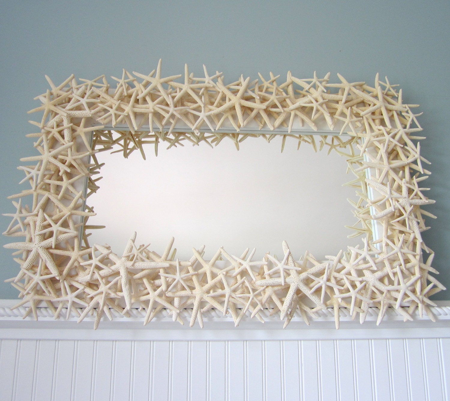 Beach Decor White Starfish Mirror -  Nautical Shell Mirror - White Starfish Seashell Mirror, Rectangular