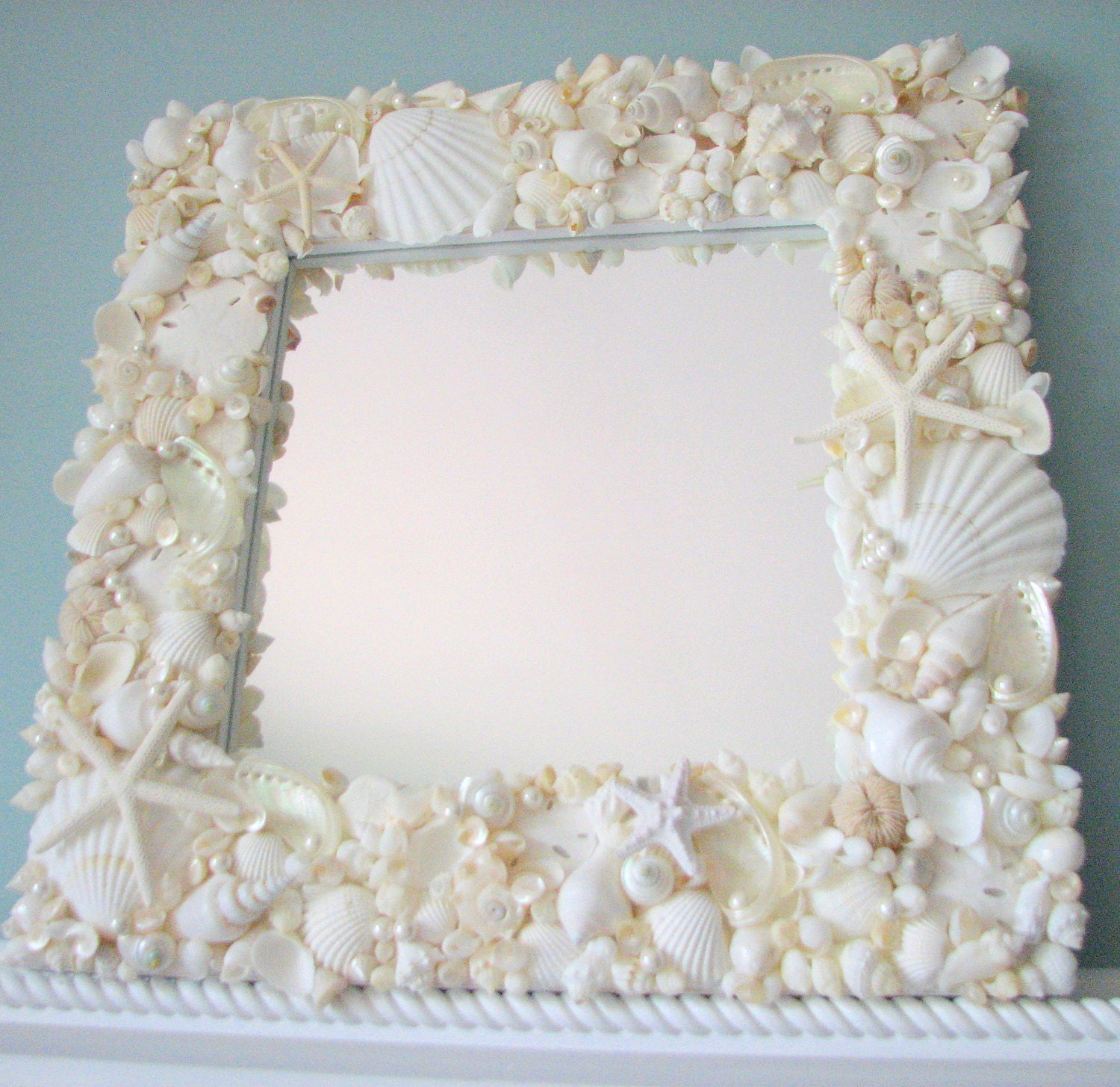 Beach Decor White Seashell Mirror -  Nautical Decor Shell Mirror, All White w Starfish & Pearls