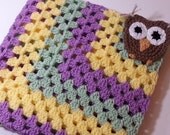 Crochet Owl Baby Blanket - Modified Granny Square Blanket in Purple, Green and Yellow - Handmade Blanket for Babies