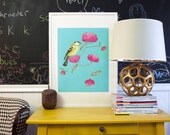 Finch and Peonies Poster, Bird Poster, 16x20 Print, Girls Room Decor, Elegant Wall Art