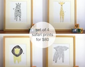 Set of 4 Safari Prints - Nursery Art, Nursery Decor, Jungle Animals Free US Shipping
