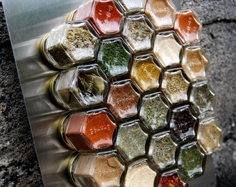 Honeycomb Magnetic Spice Rack for Wall.  Set of 24 personalized, hand-stamped empty jars. Includes LARGE 12" x 15" Wall Plate.