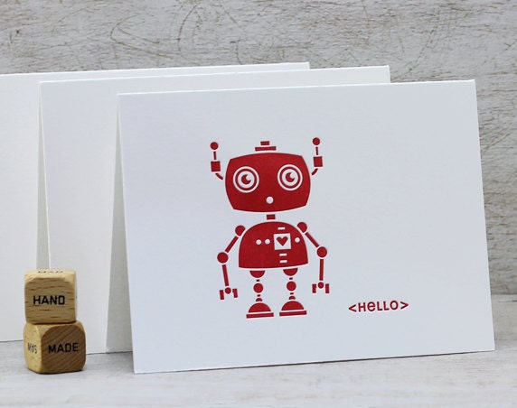 Robot Geekery Letterpress Folded Note Card Set Modern Cute Illustration Hello Ruby Red, Garnet Red (Set of 3)