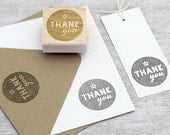 Thank You Rubber Stamp: Wood Mounted - Round Stamp, Circle, Star, Modern Typography, DIY Gift Tags, Grey, DIY Stationery