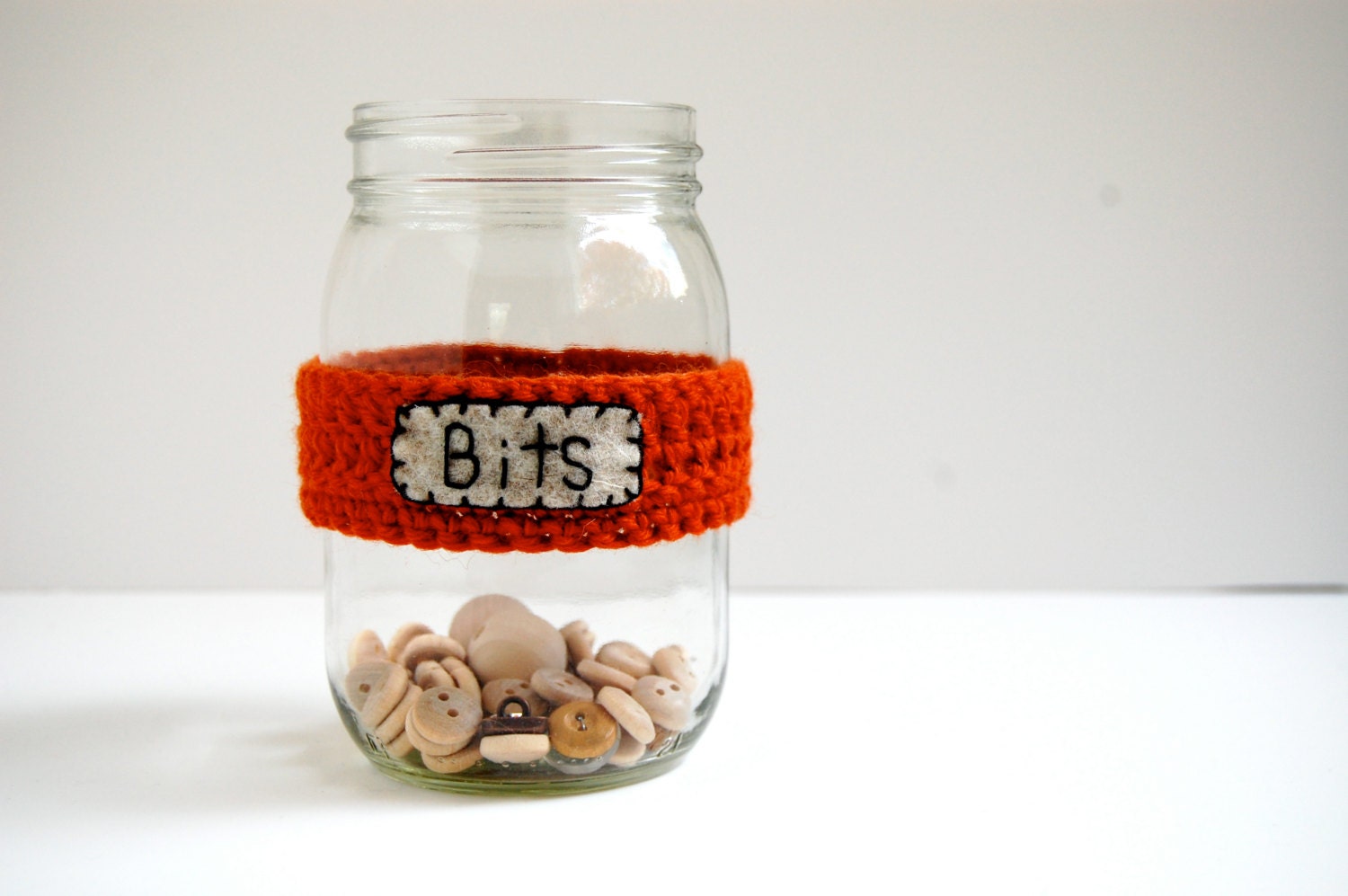 Craft Supply Organizer, Holder, Mason Jar Label, Crocheted in Orange